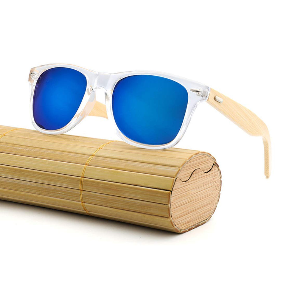 RabbitStorm Gafas de Sol de Madera de Bambú con Azul Lente Polarizada de Protección UV en Vintage Wayfarer Style- Gafas de Sol Modelo Niza - Bamboo -Unisex (Azul)