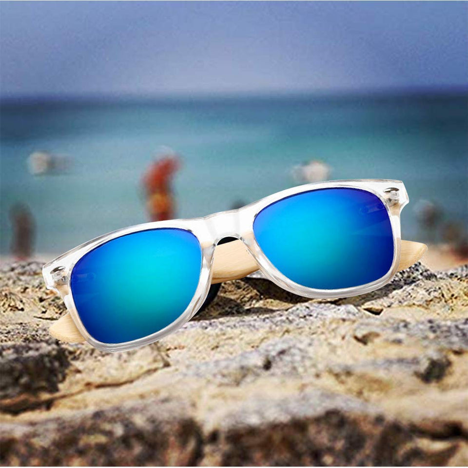 RabbitStorm Gafas de Sol de Madera de Bambú con Azul Lente Polarizada de Protección UV en Vintage Wayfarer Style- Gafas de Sol Modelo Niza - Bamboo -Unisex (Azul)