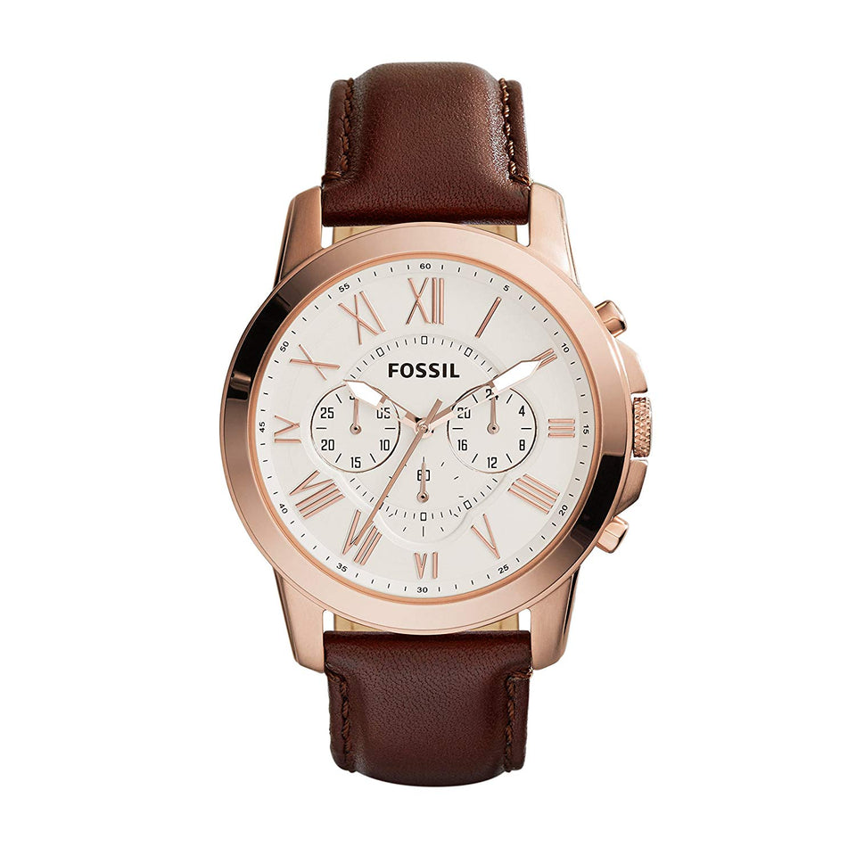 Fossil FS4991 Grant Chronograph - Reloj Análogo Redondo con Movimiento de Cuarzo para Hombre, Acero Inoxidable, Piel, Caja Dorado Rosa y Correa Marrón, 44 mm